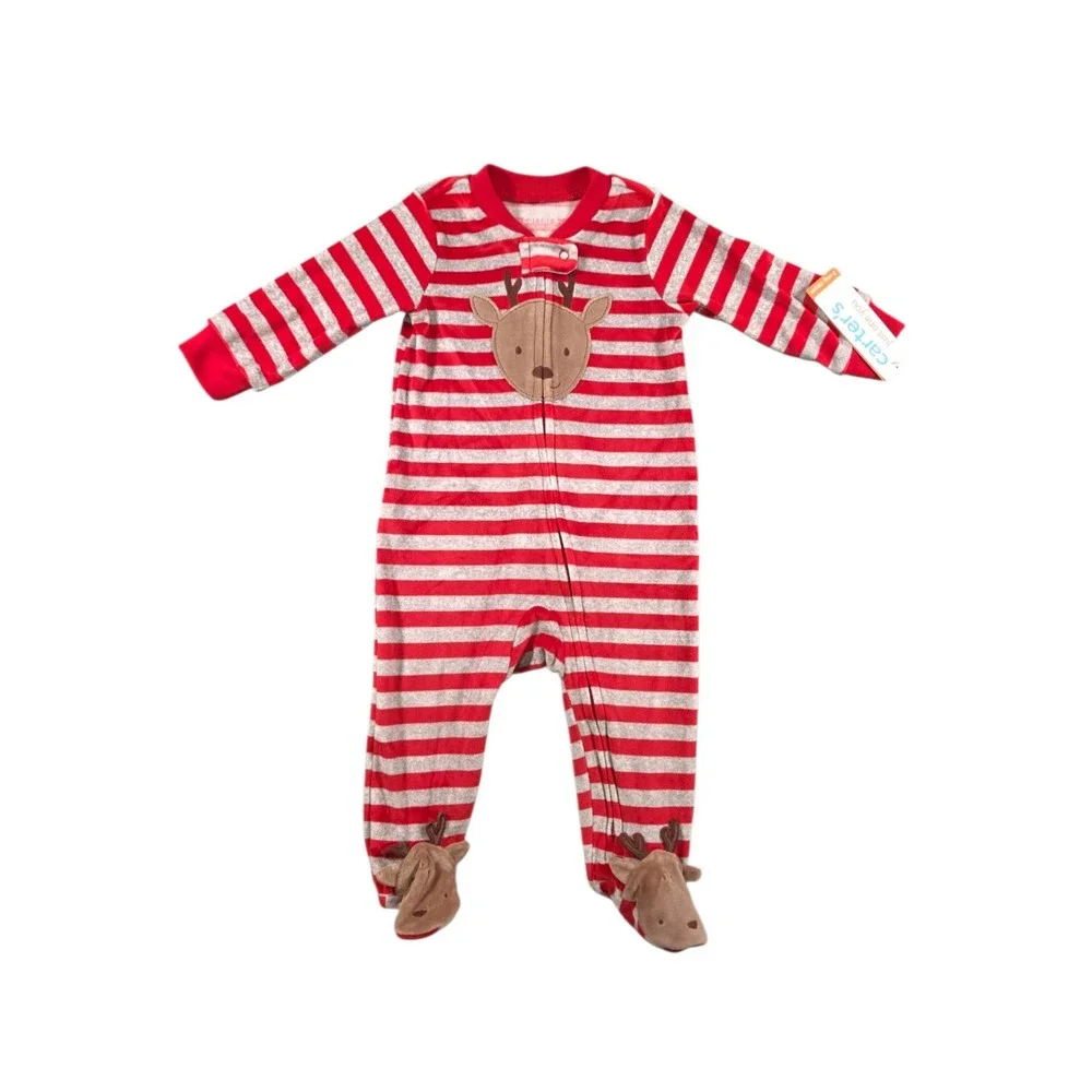 Carter's Just One You Baby Reindeer Striped Fleece Footed Pajama Sz 6M NWT
